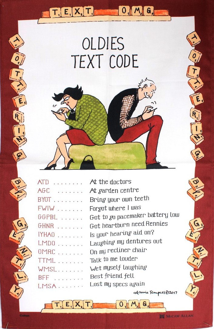 Samuel Lamont "Oldies text codes"  tea towel. Code: TT-945. image 0